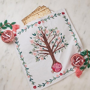 Embroidered Matzo Cover with Pomegranate Tree, Hand-Crafted Passover Linen, Handmade Jewish Culture Decor