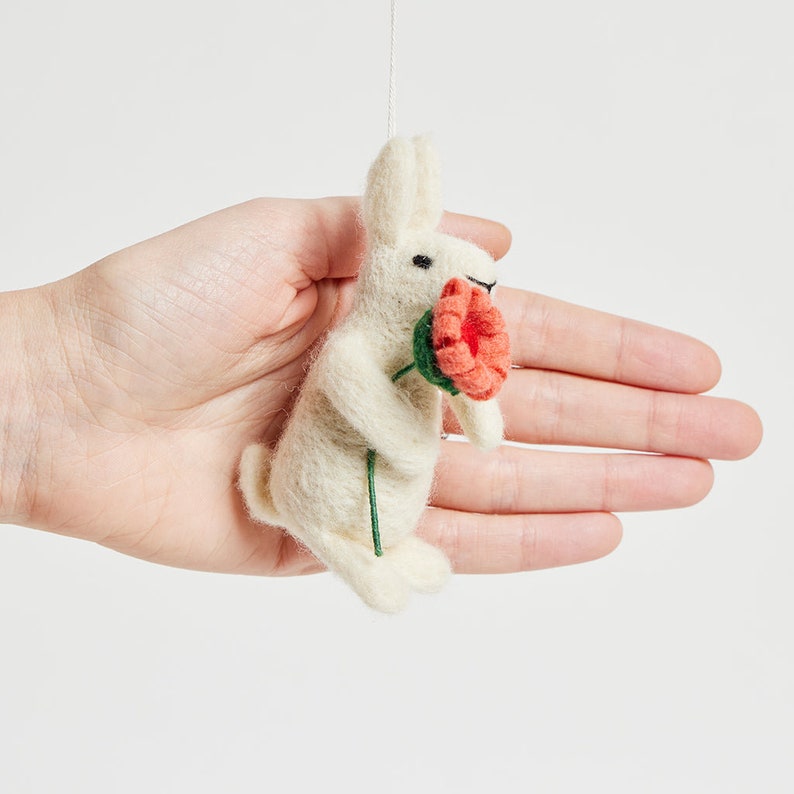 White Bunny with Flower Ornament, Hand Felted Rabbit Charm, Handmade Easter Decor image 3