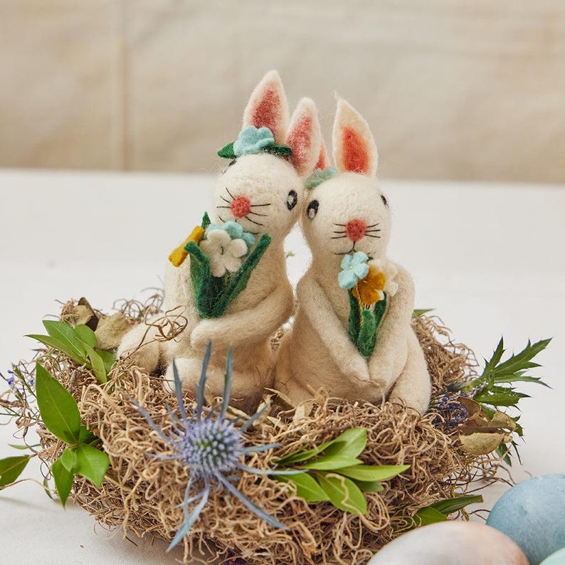 Spring Flowers White Bunny Ornament, Hand Felted Rabbit Charm, Handmade Easter Decor image 2
