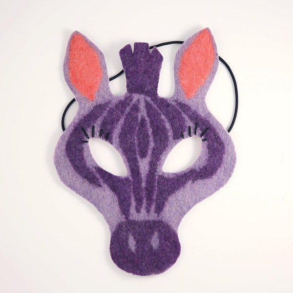 Safari Smile Zebra Mask, Hand Felted Purple Wild Animal Face Dress Up, Handmade Halloween Costume