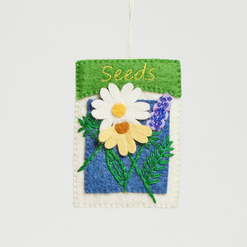 Seeds of Love Seed Packet Ornament, Hand Felted Gardening Charm, Handmade Botanical Decor image 6