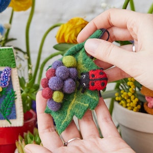 Ladybug on Grape Leaf Ornament, Hand Felted Good Luck Charm, Handmade Nature Garden Decor image 1