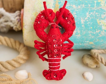 Bejeweled Red Lobster Ornament, Handmade Felt Coastal Decor, Maine Keepsake, Seafood Lover Gift, Beach House Nautical Decoration