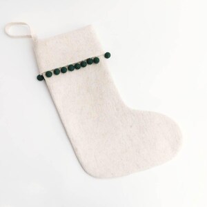 Green Pom Pom Stocking, Hand Felted Christmas Bootie, Handmade Festive Holiday Decor