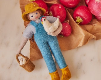Happy Harvest Farmer with Chicken Ornament, Hand Felted Farm To Table Charm, Handmade Spring Decor