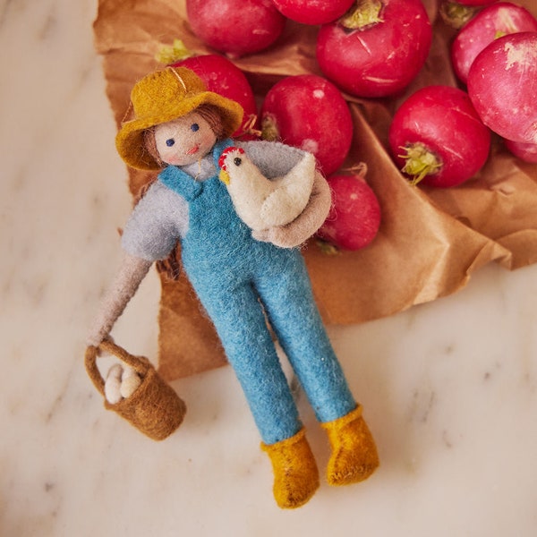 Happy Harvest Farmer with Chicken Ornament, Hand Felted Farm To Table Charm, Handmade Spring Decor