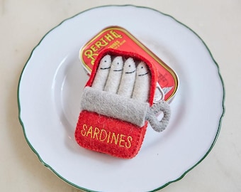 Red Tin of Sardines Ornament, Hand Felted Seafood Decor, Handmade Foodie Charm, Wool Tinned Fish Keepsake