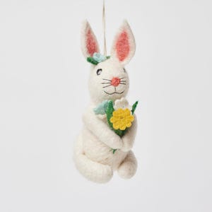 Spring Flowers White Bunny Ornament, Hand Felted Rabbit Charm, Handmade Easter Decor image 1