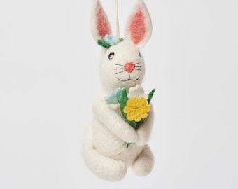 Spring Flowers White Bunny Ornament, Hand Felted Rabbit Charm, Handmade Easter Decor