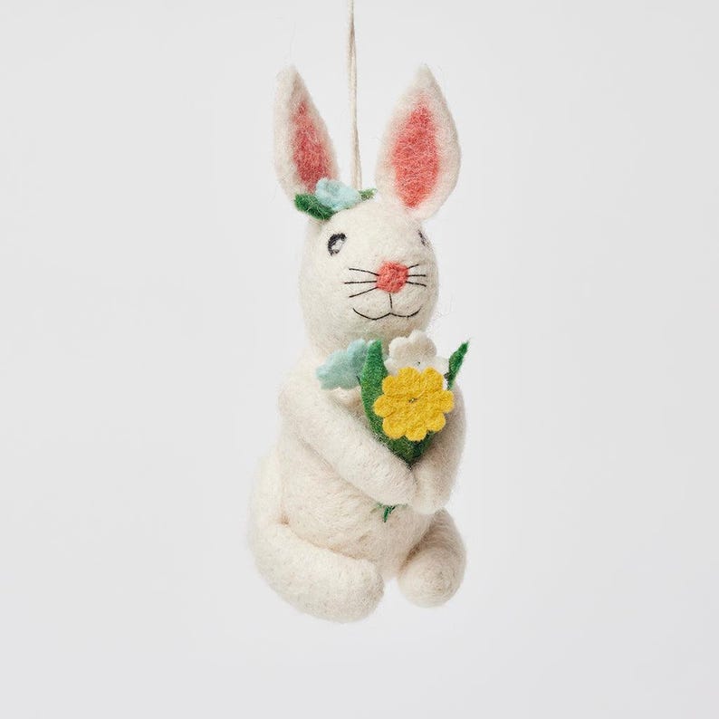 Spring Flowers White Bunny Ornament, Hand Felted Rabbit Charm, Handmade Easter Decor image 1
