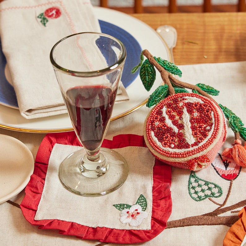 Fall Linen Cocktail Napkin Set, Hand Embroidered Cotton Blend Beverage Napkins, Handmade Festive Table Decor image 3