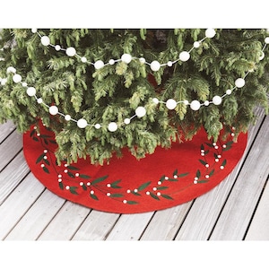 Small 34" Red Winter Berry Tree Skirt, Hand Felted Merino Wool Blend Tree Stand Covering, Handmade Christmas Decor