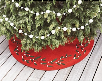 Small 34" Red Winter Berry Tree Skirt, Hand Felted Merino Wool Blend Tree Stand Covering, Handmade Christmas Decor