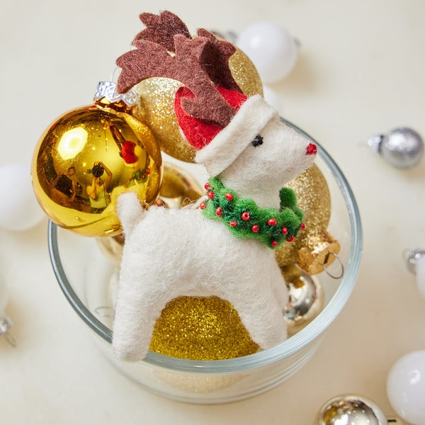 Santa Eggnog Reindeer Ornament, Hand Felted White Festive Deer, Handmade Christmas Charm