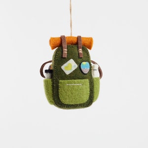 Love Camping Backpack, Hand Felted Hiking Trip Ornament, Handmade Outdoor Adventure Charm