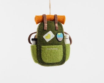 Love Camping Backpack, Hand Felted Hiking Trip Ornament, Handmade Outdoor Adventure Charm