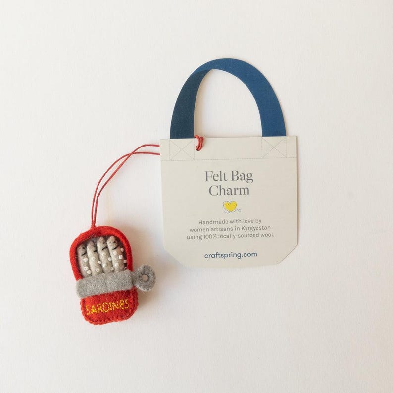 Sardines Bag Charm, Handmade Felt Tinned Fish Accessory, Quirky Everyday Accent for Food Lovers image 6