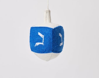 Large Spinning Dreidel Ornament Blue & White, Hand Felted Jewish Charm, Handmade Hanukkah Keepsake