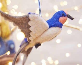 Little Murmur Swallow Ornament, Hand Felted Blue Bird, Handmade Good Luck Charm