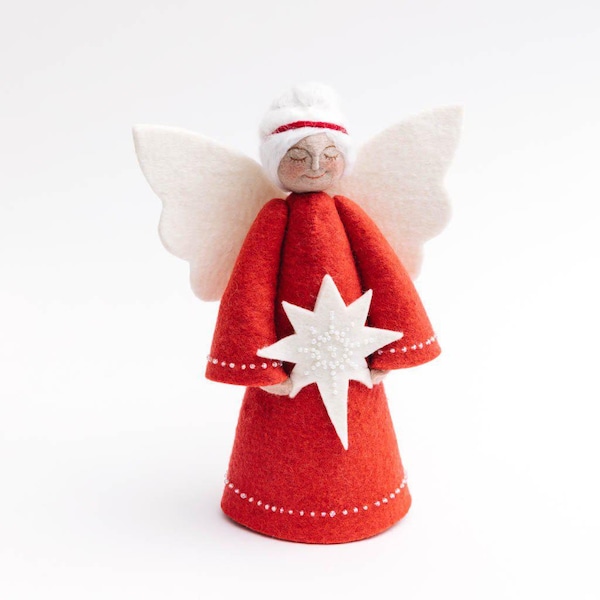 Felt Angel Tree Topper, Star of Bethlehem Topper - Red with White Hair, Felt Christmas Tree Topper