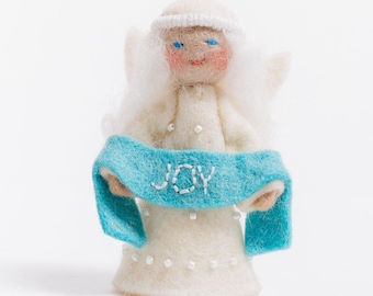 Season's Blessing Joy Angel Ornament, Hand Felted Celestial Charm, Handmade Christmas Decor