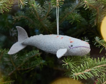 Spyhop Gray Whale Ornament, Hand Felted Ocean Animal Charm, Handmade Seaside Decor