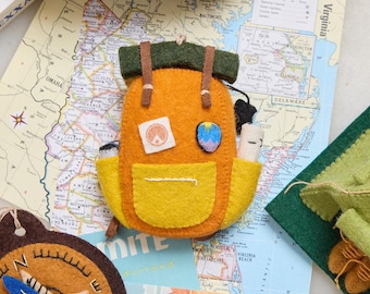 Camping To Connect - Backpack Ornament, Hand Felted Hiking Trip Charm, Handmade Outdoor Adventure Decor