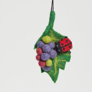 Ladybug on Grape Leaf Ornament, Hand Felted Good Luck Charm, Handmade Nature Garden Decor image 2