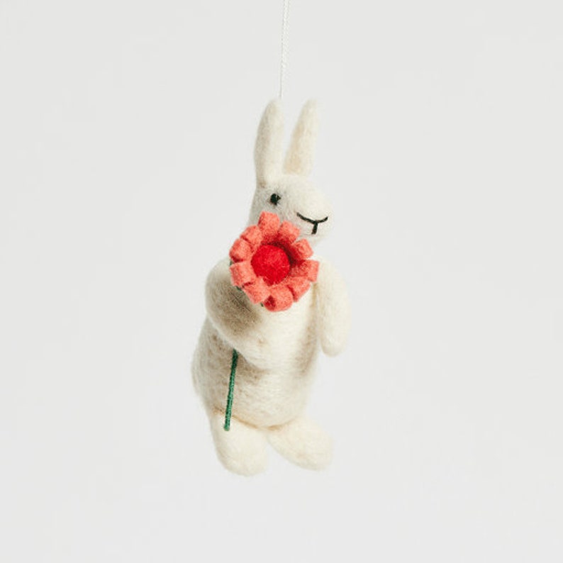 White Bunny with Flower Ornament, Hand Felted Rabbit Charm, Handmade Easter Decor image 4