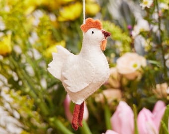 White Hen Ornament, Hand Felted Bird Charm, Handmade Countryside Decor, Felt Farm Animal