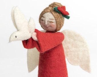 Red Gift of Peace Angel, Hand Felted Spirit Ornament, Handmade Celestial Holiday Decor