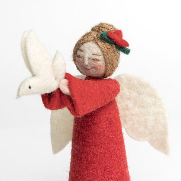 Red Gift of Peace Angel, Hand Felted Spirit Ornament, Handmade Celestial Holiday Decor