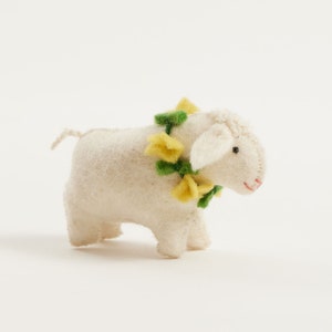 Little Spring Lamb Ornament, Hand Felted White Sheep with Flower Necklace Charm, Handmade Farm Animal Decor