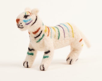 Little Rainbow Walk Tiger, Hand Felted Zodiac Safari Animal Ornament, Handmade Chinese Lunar New Year Charm