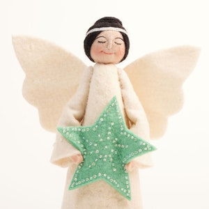 Jade Star Angel Tree Topper - Light, Hand Felted Christmas Tree Adornment, Handmade Festive Celestial Holiday Decor