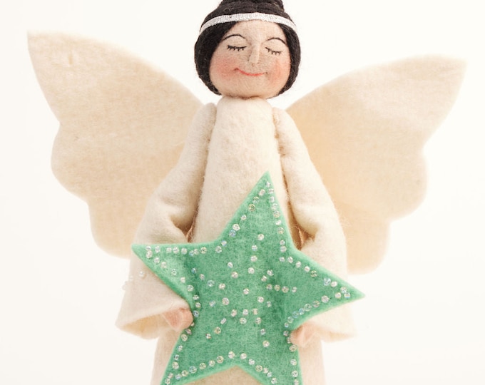 Jade Star Angel Tree Topper Light, Hand Felted Christmas Tree Adornment, Handmade Festive 