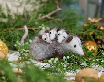 Fuzzy Opossum with Babies Ornament, Handmade Animal Keepsake, Woodland Christmas Tree Decor, Cute Felt Marsupial Gift
