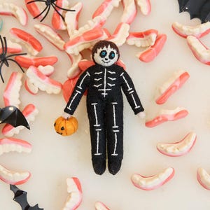 Skeleton Trick-or-Treater Ornament, Hand Felted Trick or Treat Charm, Handmade Halloween Decor