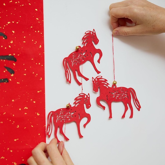 Paper Horse Ornament - Set of 3, Handmade Lunar New Year Decor, Red Zodiac Keepsakes Symbolizing Strength And Good Fortune