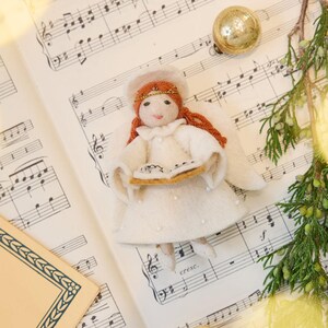 Vintage-Style Angel Singing Noël Ornament, Handmade Felt Christmas Tree Decor, Heirloom Holiday Keepsake, White Angel Choir Ornament
