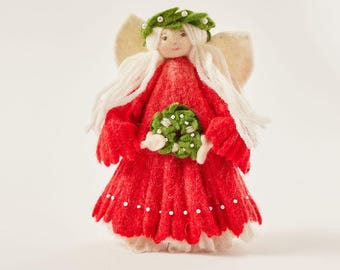 Small Christmas Spirit Tree Topper, Hand Felted Red Angel Tree Accessory, Handmade Festive Holiday Decor
