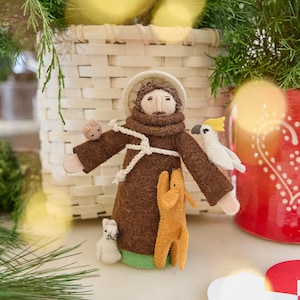 Saint Francis with Pets Ornament, Hand Felted Love of Nature Charm, Handmade Spiritual Decor