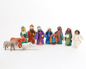 Holy Night Nativity Scene - Brown, Hand Felted Christmas Manger Charms, Handmade Holiday Decor