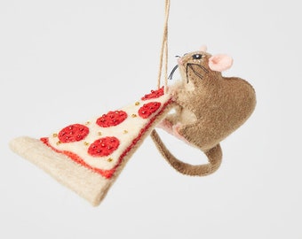 Pizza Rat Ornament, Hand Felted Brown Mouse, Handmade NYC Charm