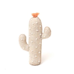 May include: A beige felt cactus with white beads for detail and a small orange felt flower on top.