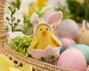 Hatchling Chick with Bunny Ears Ornament, Hand Felted Little Chicken Charm, Handmade Easter Decor