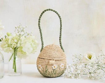 Blumenfeld Eierkorb, handgefertigtes Frühlingsandenken, gewebte Blumenostertasche, wunderliches Feiertagsdekor