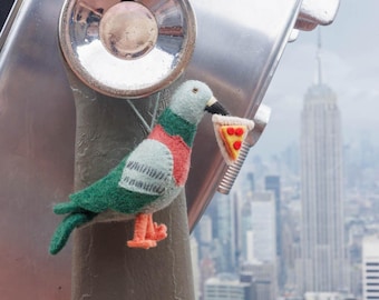 Hungry Urban Pizza Pigeon Ornament, Hand Felted City Bird, Handmade NYC Charm