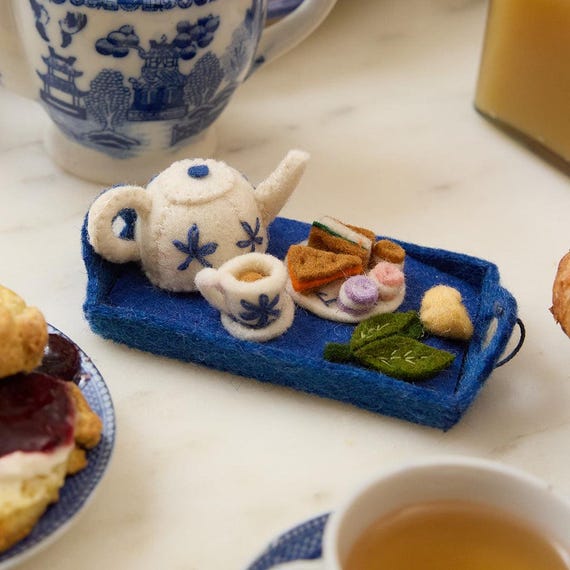 Tea Tray Ornament, Handmade Afternoon Tea Keepsake, Cottagecore Decor Gift, Felt Teapot and Treats for Cozy Holiday Decoration