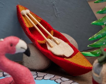 Red River Bend Canoe Ornament, Hand Felted Red Kayak, Handmade Hiking Adventures Charm